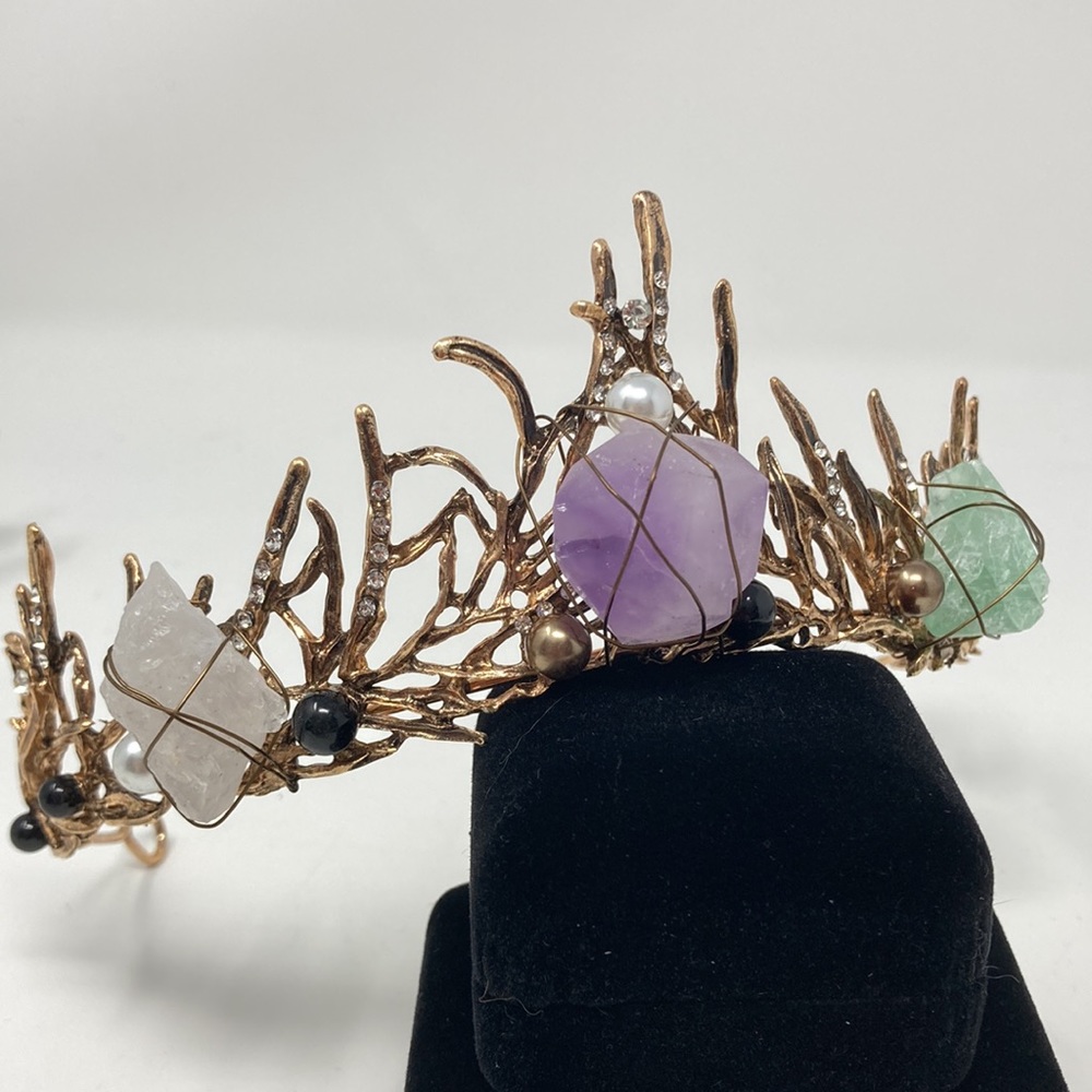 Majestic Genuine Gemstone Crown with Amethyst, Fluorite & Quartz Crystal - Picture 3 of 6